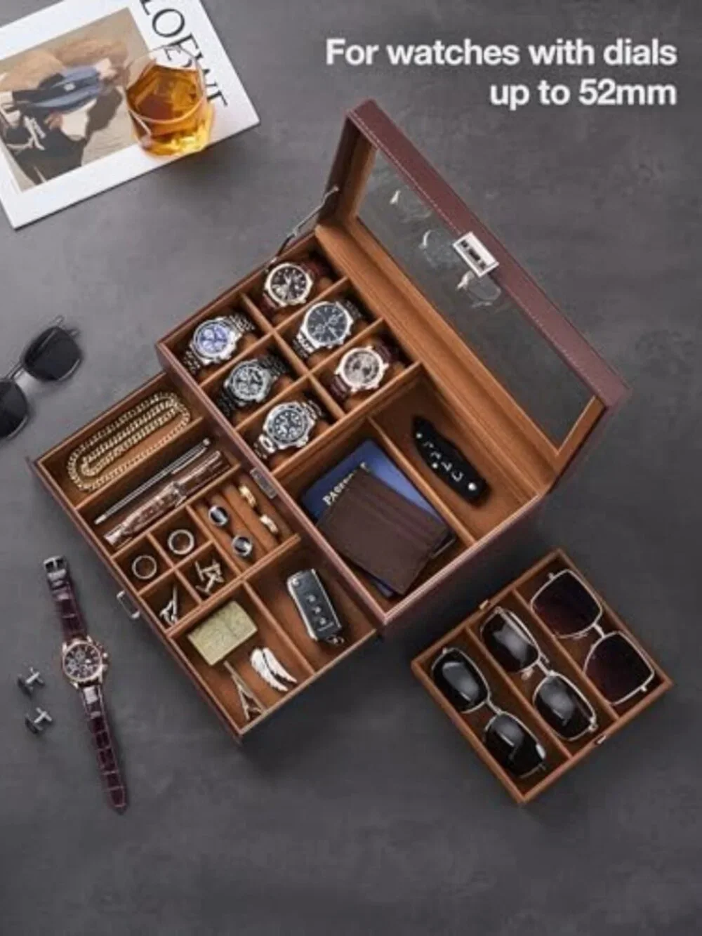Stylish Men's Jewelry Box - 6 Slot Watch Organizer & 3 Slot Sunglass Holder